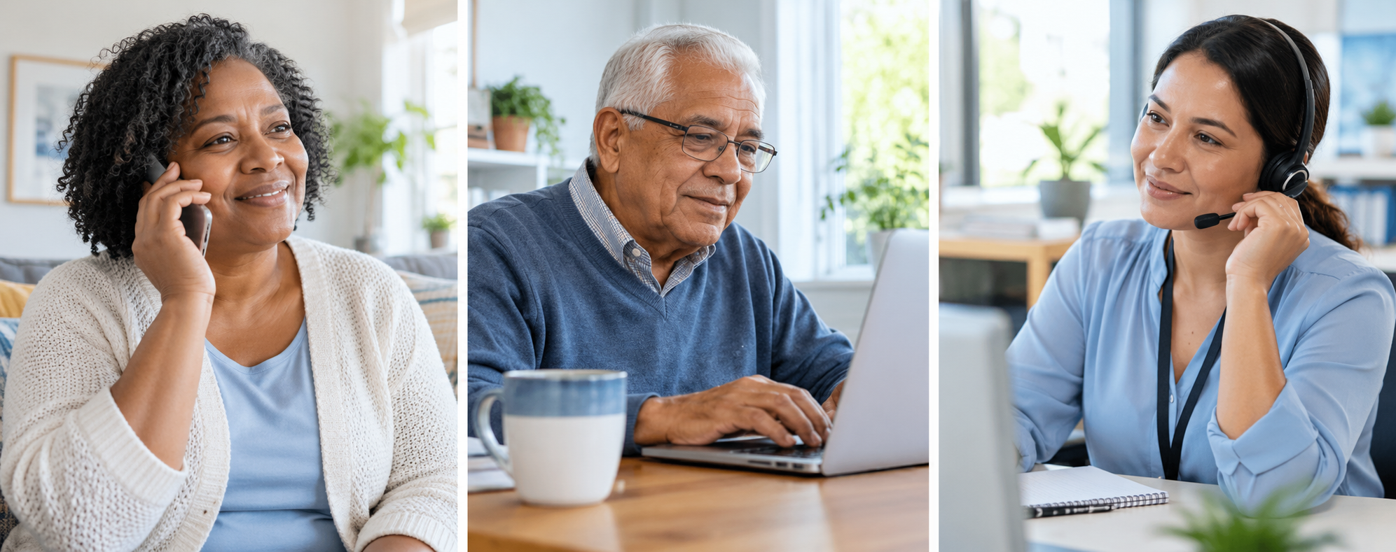 Three scenes showing a person calling, a person using a computer, and a helper listening.