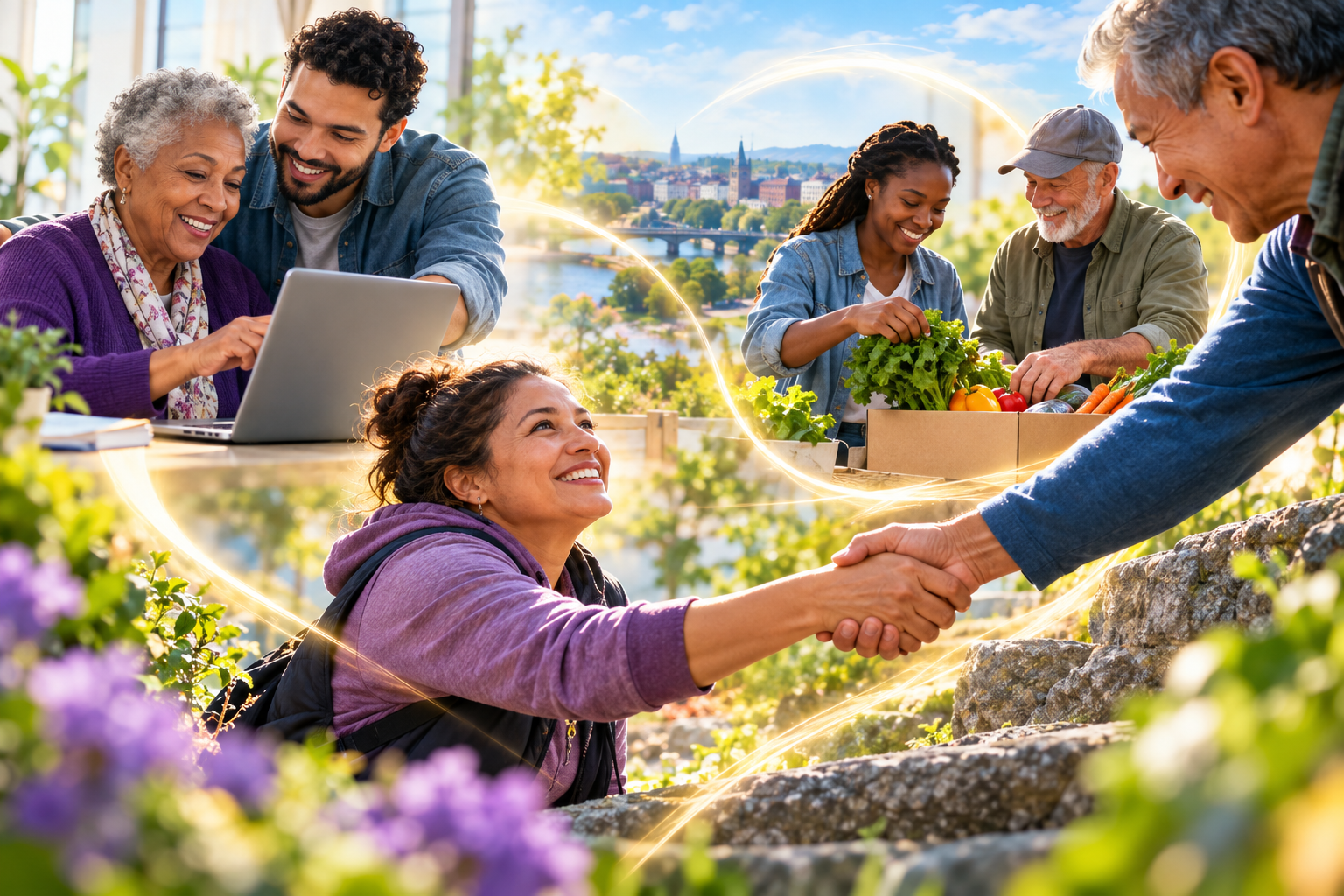 Original concept artwork of diverse neighbors learning together, sharing food, and offering a helping hand